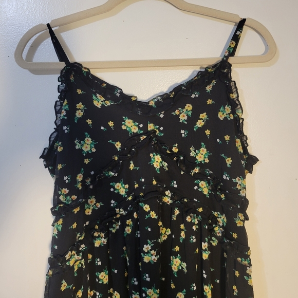 No Boundaries (Juniors L 11-13) Black Ditsy Floral Ruffle Midi Slip Sundress - Picture 6 of 9